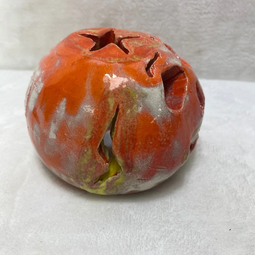 Handmade‎ Ceramic Ugly Face Jack-O-Lantern  Candle Holder Orange Glazed Folk Art